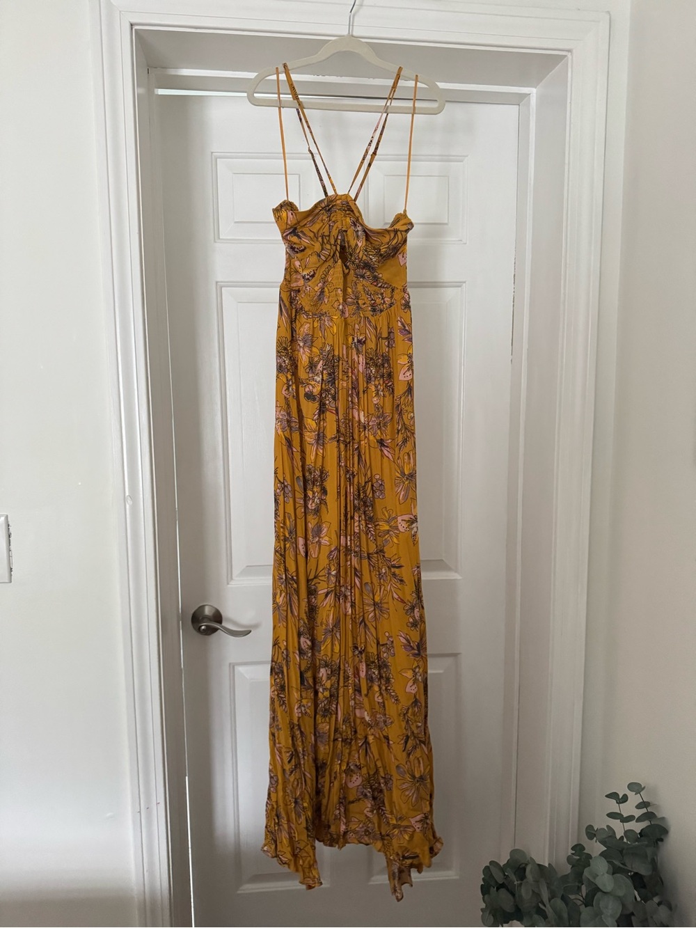 Free People Mustard Floral Maxi Dress with Double Spaghetti Straps